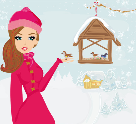 girl feeds the birds in winter のイラスト素材