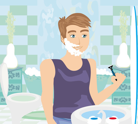 young man shaving in bathroom mirrorのイラスト素材