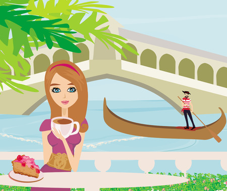 cafe in Venice, gondola in the backgroundのイラスト素材