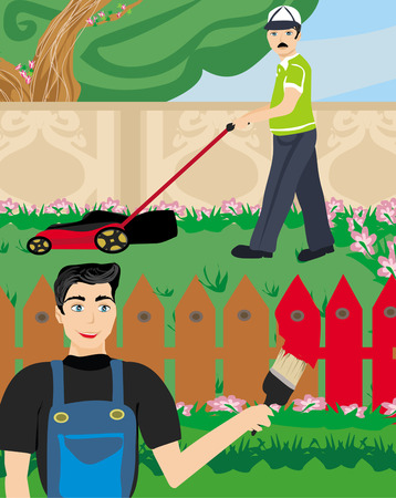 Man paints a fence in the gardenのイラスト素材