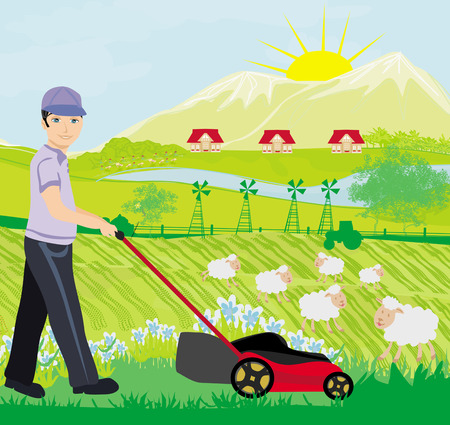 A vector illustration of a man mowing the lawn のイラスト素材