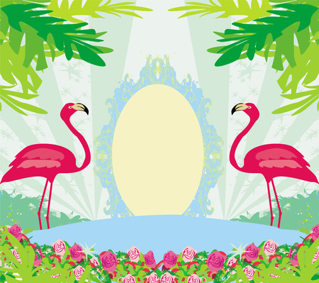 vintage frame - green palms and pink flamingo のイラスト素材