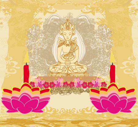 Lotus Oil Lamp with Buddha card のイラスト素材