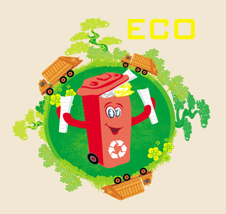 Recycling red bin with papers,  ecology concept with landscape and garbage のイラスト素材