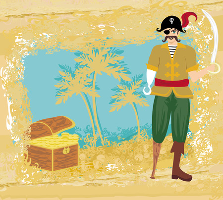 abstract grunge illustration with pirate and chest full of gold のイラスト素材