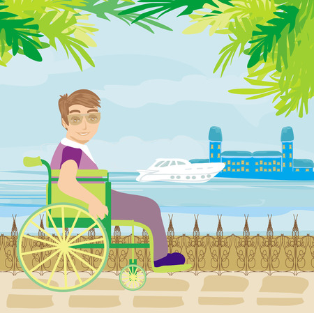 young man tourist on a wheelchairのイラスト素材