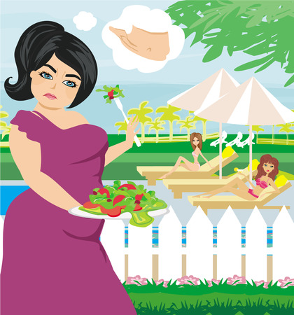 fat girl eats a saladのイラスト素材