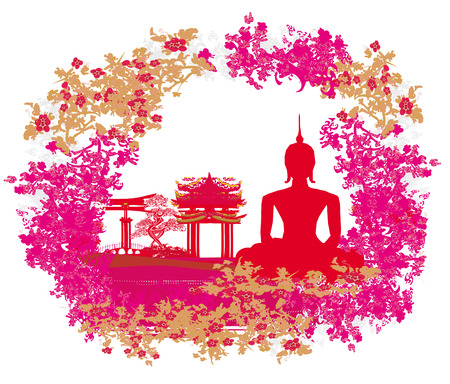 Silhouette of a Buddha,Asian landscape in grunge texture のイラスト素材