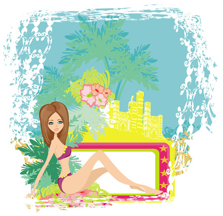 Grunge banner with palm trees and sexy girl のイラスト素材