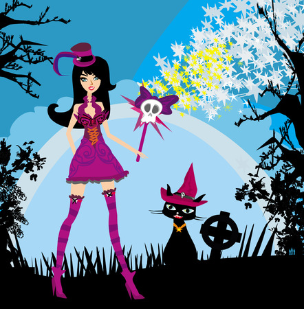 Halloween witch and her cat のイラスト素材