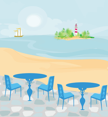lighthouse seen from a tiny beach のイラスト素材
