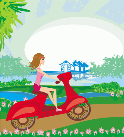 motorcycle girl on a sunny day のイラスト素材