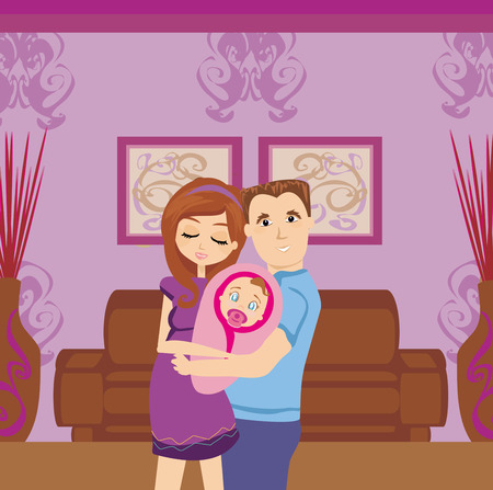 Happy Young Couple with Newborn Baby. のイラスト素材