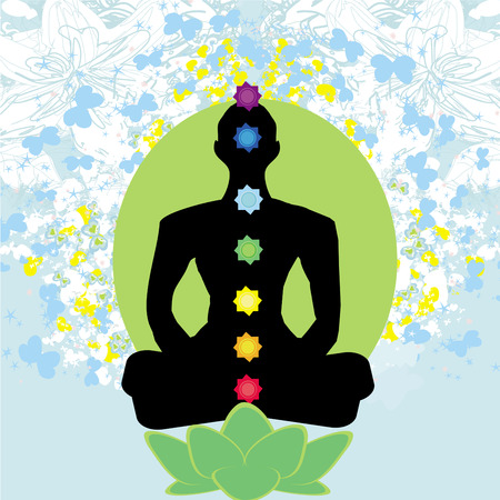 Yoga lotus pose. Padmasana with colored chakra points. のイラスト素材