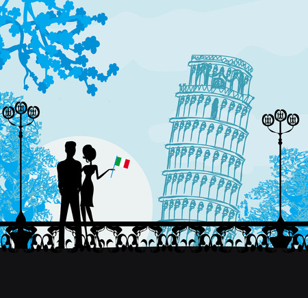 Young Couple of Tourists in Pisa のイラスト素材