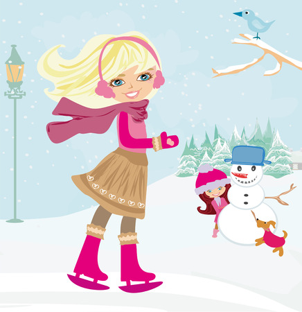 girls playing in a winter dayのイラスト素材