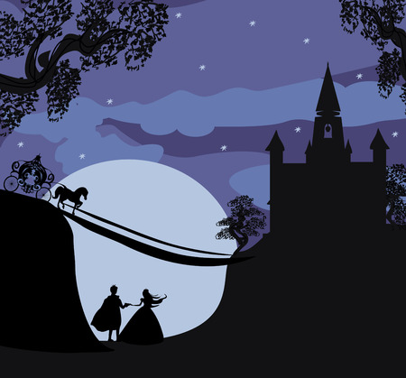 Magic castle and princess with princeのイラスト素材