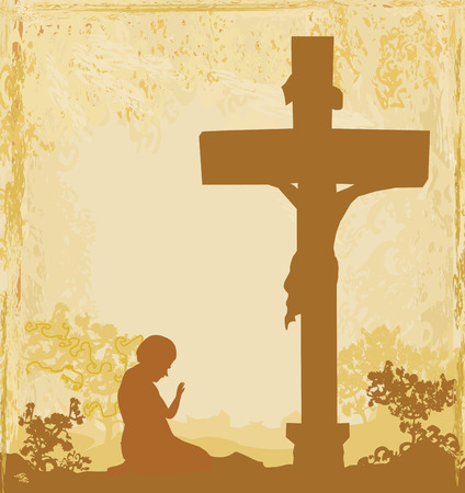 prayers by the cross, grunge backgroundのイラスト素材