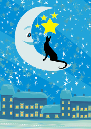 cat sitting on the moon in the night skyのイラスト素材