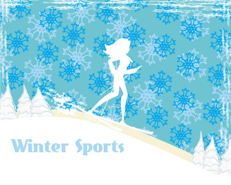 slim girl skiing , abstract cardのイラスト素材
