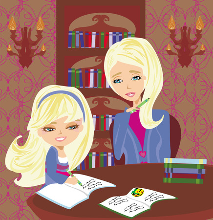 Mom helping her daughter with homework or schoolwork at home.のイラスト素材