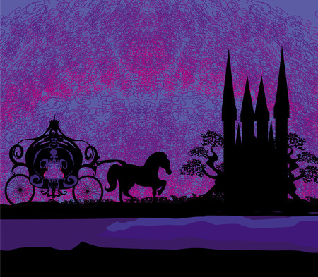 Silhouette of a horse carriage and a medieval castleのイラスト素材