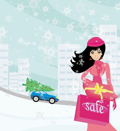 beautiful woman doing the shopping in winterのイラスト素材