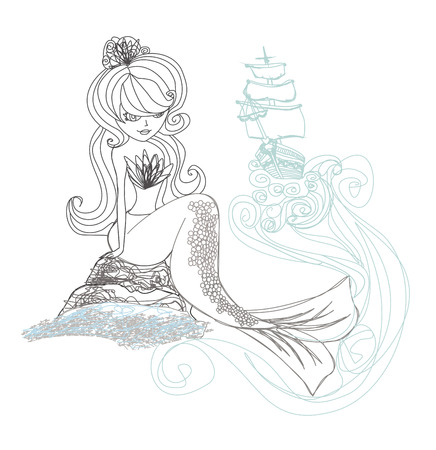 Beautiful mermaid - doodle illustrationのイラスト素材