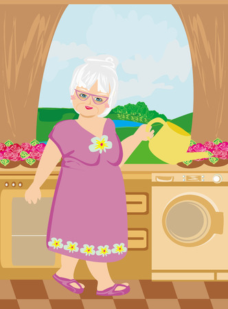 old lady watering the flowersのイラスト素材