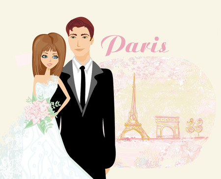 wedding couple in Parisのイラスト素材
