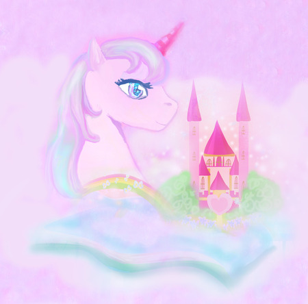 cute unicorn rainbow and fairy-tale princess castleの写真素材