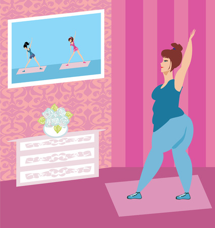 obese woman doing home exercises while watching program on televisionのイラスト素材
