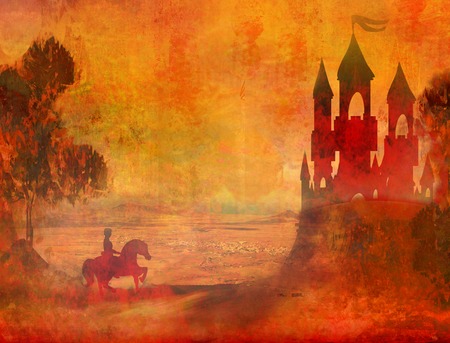 Prince riding a horse to the castleの写真素材