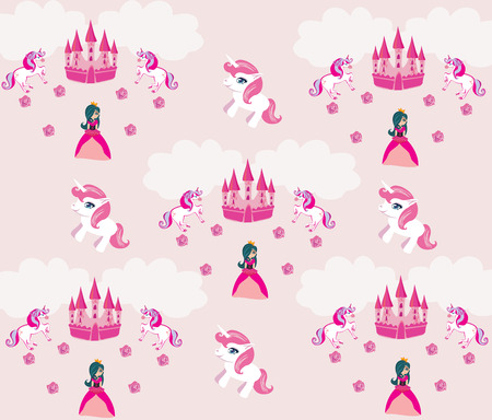 Princess , unicorn and castle Backgroundのイラスト素材