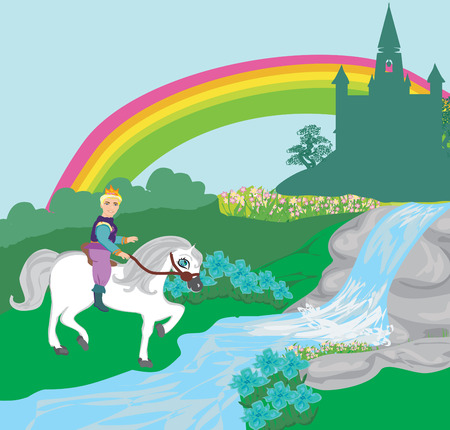 Prince riding a horse to the castleのイラスト素材