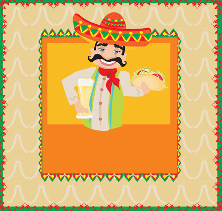 Mexican man holding a cold beer and a tacoのイラスト素材