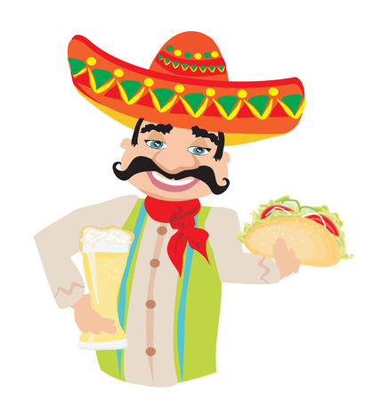 Mexican man holding a cold beer and a tacoのイラスト素材