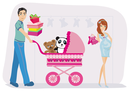 beautiful pregnant woman and her husband on shoppingのイラスト素材
