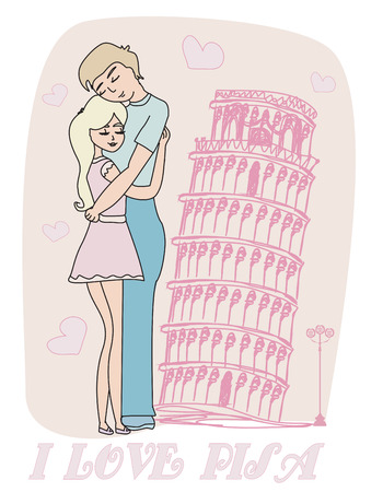 love couple hugging in front of Pisa leaning tower, Italyのイラスト素材