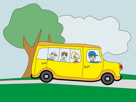 Illustration of a school bus heading to school with happy childrenのイラスト素材