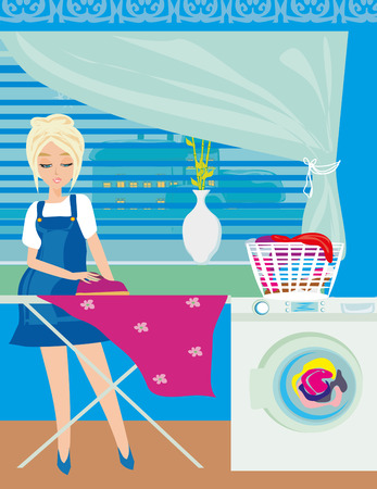 housewife ironing clothes at homeのイラスト素材