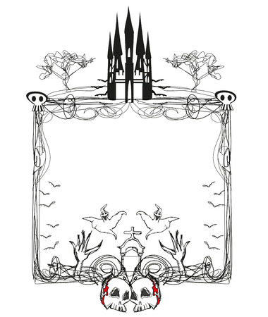 doodle vector frame , Halloween bones, bats and skullsのイラスト素材