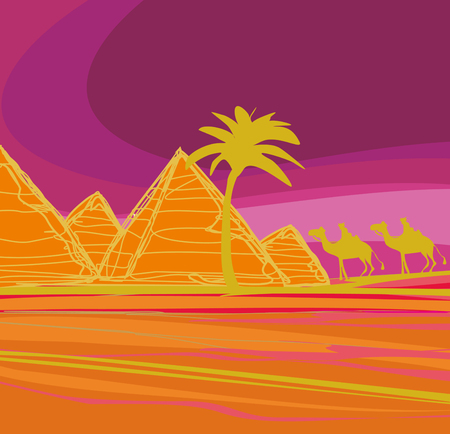 Bedouin camel caravan in wild africa landscape illustrationのイラスト素材