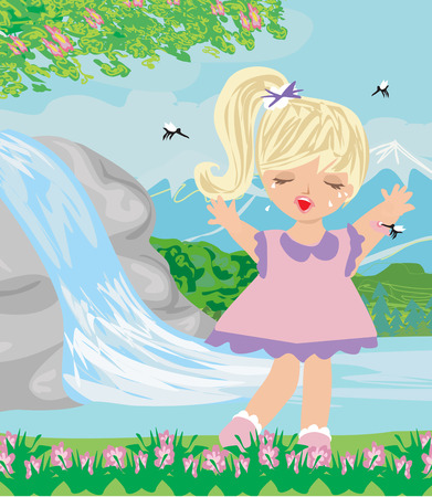 girl runs away from mosquitoesのイラスト素材
