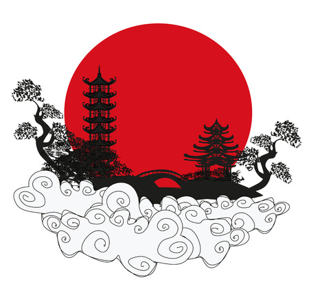 Abstract card with Asian buildingsのイラスト素材