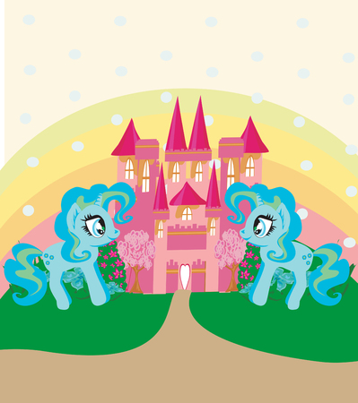 Card with a cute unicorns rainbow and fairy-tale princess castleのイラスト素材