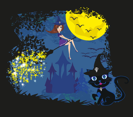 witch with a broom and a catのイラスト素材