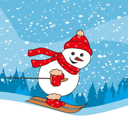 Christmas cartoon character, skiing snowmanのイラスト素材