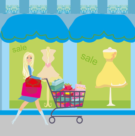 Woman pushing shopping cardのイラスト素材