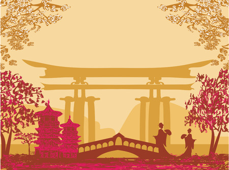 Geisha silhouette at sunsetのイラスト素材